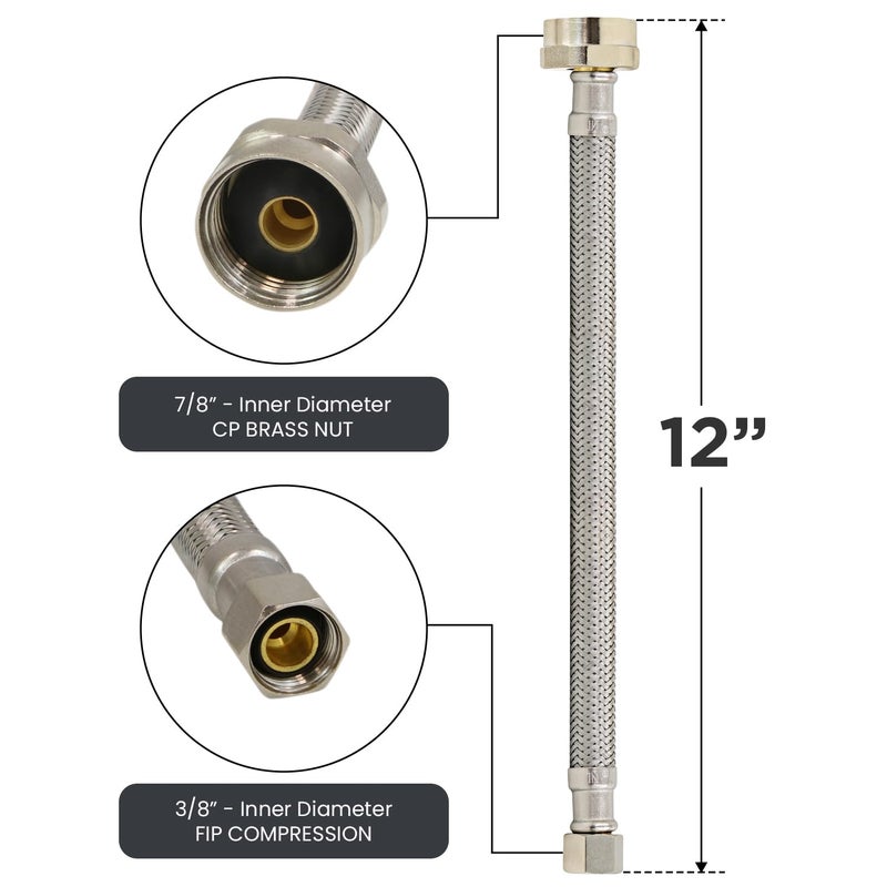 HIGHCRAFT 12 Inch Flexible Toilet Water Supply Line Braided Stainless Steel Toilet Hose Connector 3/8 Inch Compression x 7/8 Inch Ballcock Brass Nut - Image 3